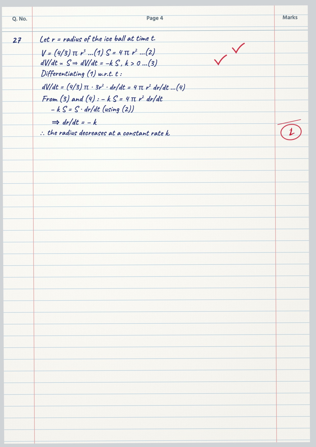 Question 27 in a marked answer book: the full proof, marked 1½ out of 3 in red